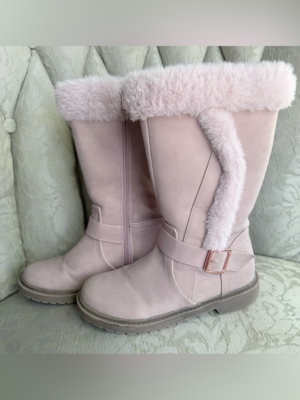 Girls' Pink Faux-Fur Mid-Calf Winter Boots with Buckle Detail